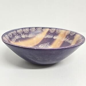 Handcrafted Product of Kenya Elegant Purple and Cream Floral Soapstone Bowl 6" D